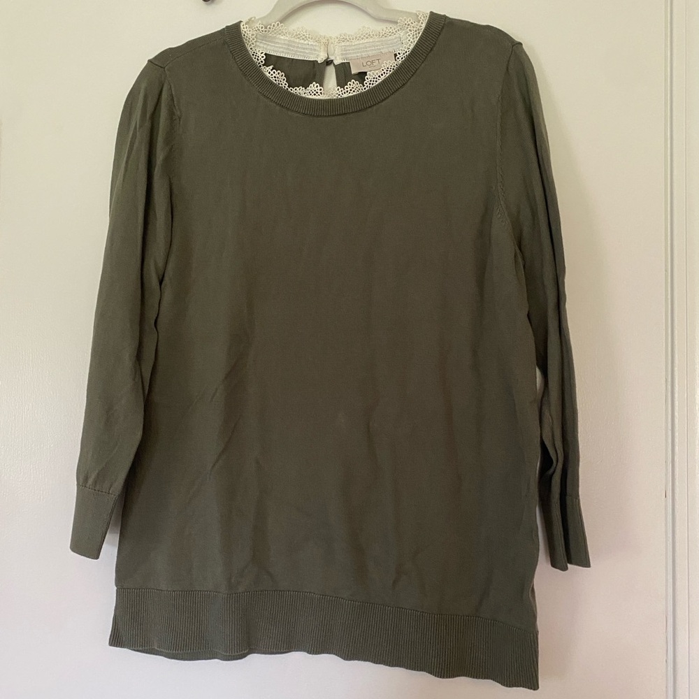LOFT Olive Green Long Sleeve Top with Lace Detail